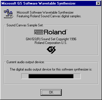 Screenshot of a dialogue box on a late-1990's version of Microsoft Windows. The title is “Microsoft GS Software Wavetable Synthesizer”, and the box tells us that it is “Featuring Roland Sound Canvas digital samples.”, displays the Roland and GS logos, and contains the notice “GM/GS(R) Sound Set Copyright 1996 Roland Corporation U.S.”, among other things.